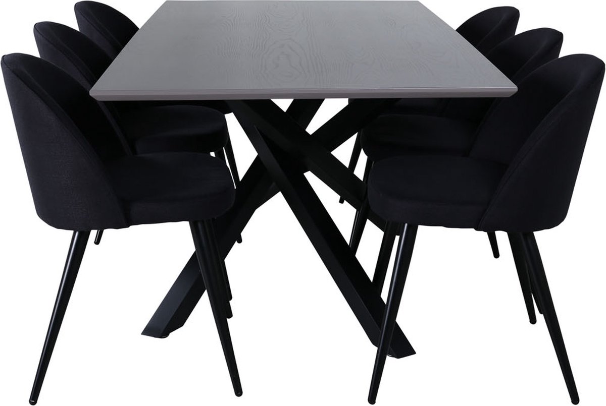 PiazzaGRBL eethoek eetkamertafel grijs en 6 Velvet eetkamerstal zwart.