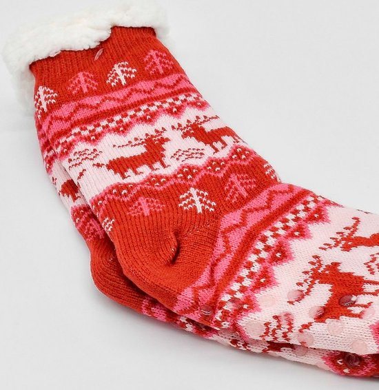 Merino Wollen sokken - Rood met Dennenboom - maat 35/38 - Huissokken - Antislip sokken - Warme sokken – Winter sokken
