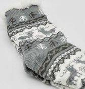 Merino Wollen Sokken - Licht Grijs met Dennenbomen - Maat 35/38 - Huissokken - Anti slip sokken - Warme sokken - Winter sokken