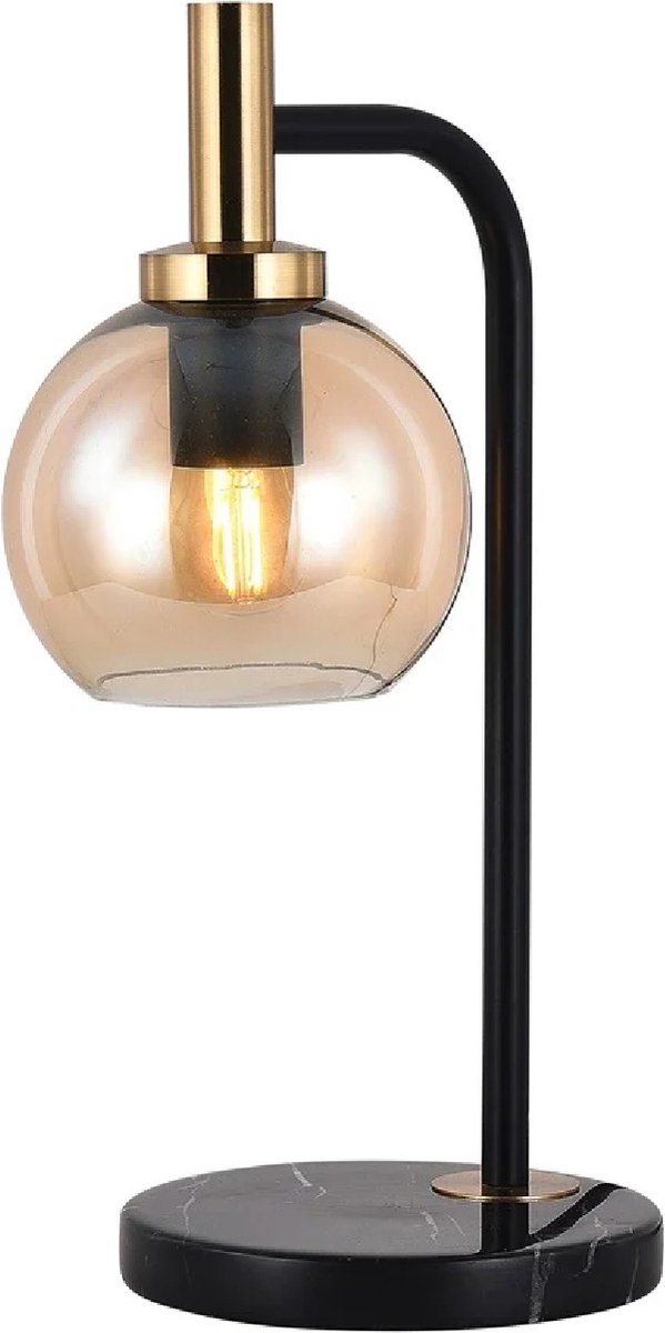 Osira tafellamp met E27-fitting, zwart-gouden metalen voet en amber glazen kap van Ø150mm, hoogte 420mm