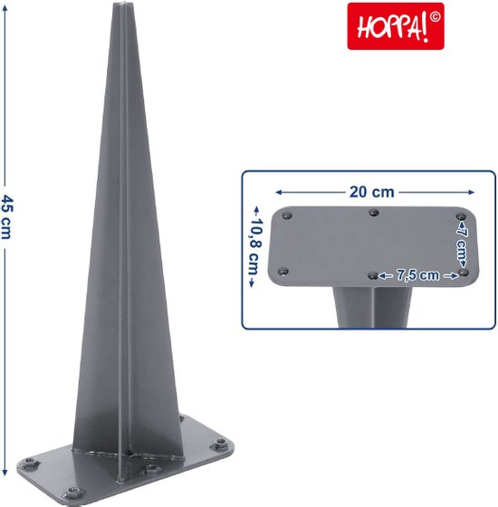 Grijze grondpin van 45 cm hoog, met 20x10,8 cm bevestigingsplaat. Hoppa! logo.