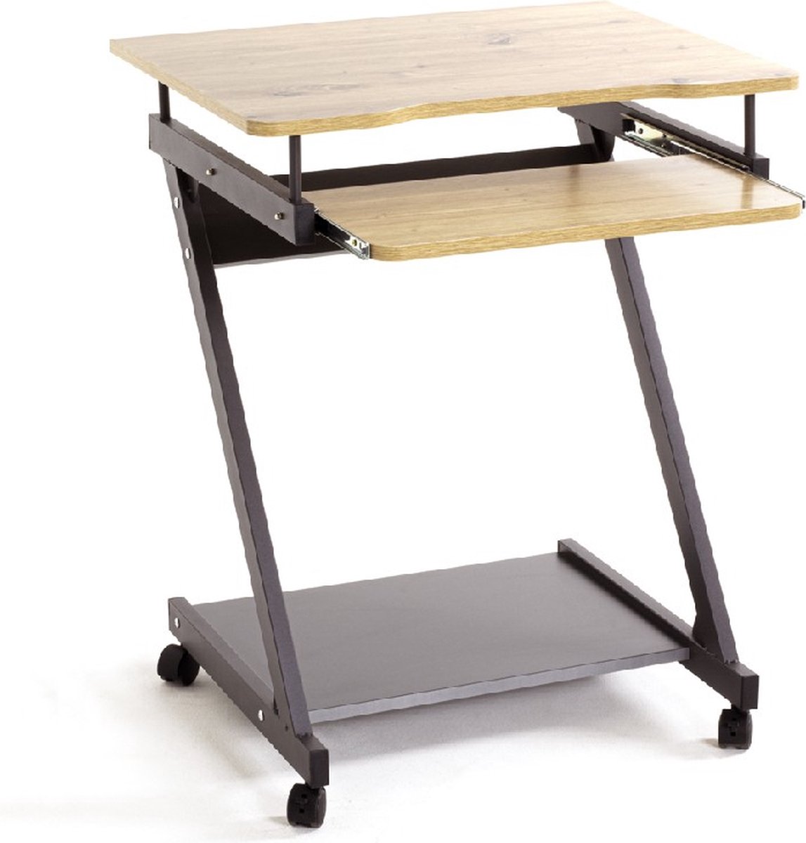 Bureau – Antraciet staal met eiken decorbladen – Verrijdbaar bureau met wieltjes – 76 cm hoog, 60 cm breed, 49 cm diep