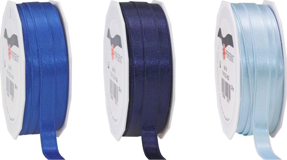 Glorex hobby - Satijn cadeau inpak deco sierlint - 3 tinten blauw - 25 meter x 1 cm