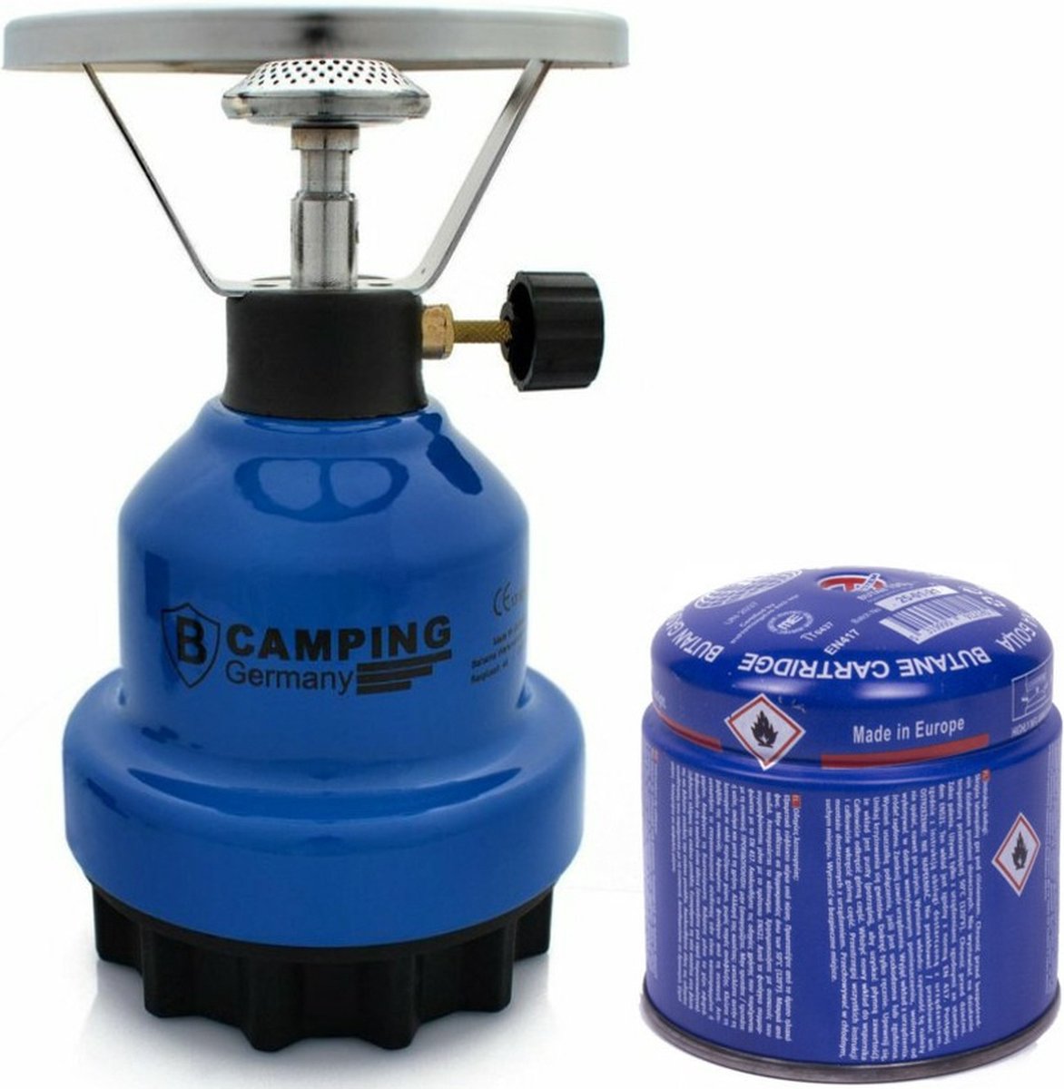 Camping kookstel - metaal - blauw - incl. gas navulling priktank - 190 gram