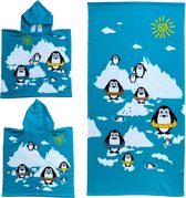 Set van bad cape/poncho met strand/badlaken microvezel - Strandhanddoeken voor kinderen met pinguins