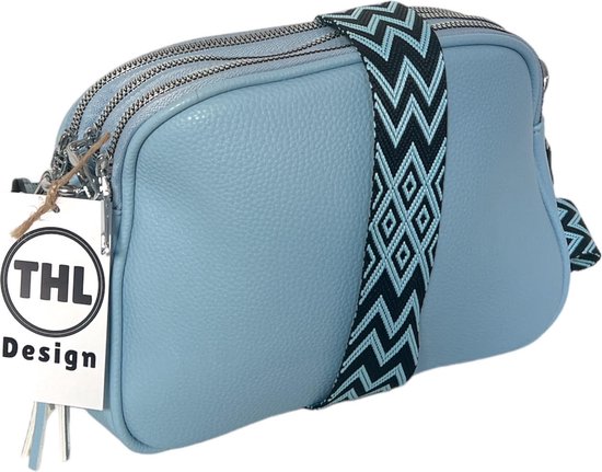 THL Design - Kleine Dames Schoudertas - Klein Tasje - 3 vakken - Bag Strap - Tassenriem lichtblauw / zwart - Lichtblauw