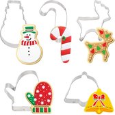 5x Kerst uitsteekvorm met Sneeuwpop, Rendier, Want, Zuurstok & Kerstbel - Koekjes deeg uitstekers set