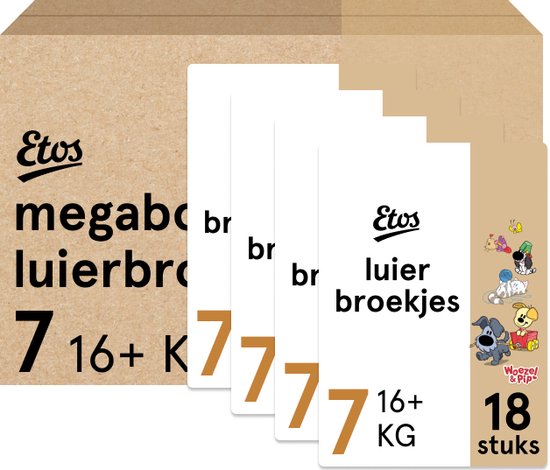 Etos Luierbroekjes - Woezel & Pip - Maat 7 - 16+ kg - Megabox - 72 stuks (4x18) - Etos