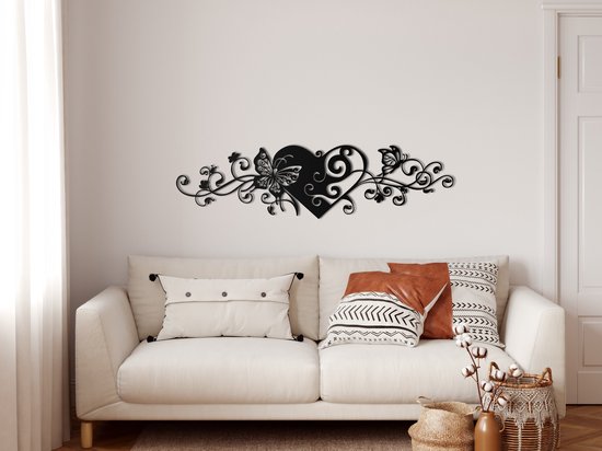 Wanddecoratie |Hart en Vlinder / Heart and Butterfly | Metal - Wall Art | Muurdecoratie | Woonkamer | Buiten Decor |Zwart| 118x32cm