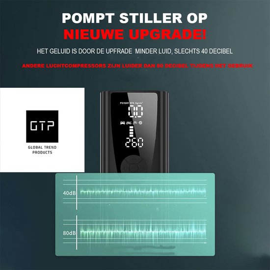GTP Draagbare Luchtcompressor - Elektrische Bandenpomp - Luchtcompressor Oplaadbaar - Fiets Motor Auto en Ballen - Powerbank - Zaklamp — afbeelding 2