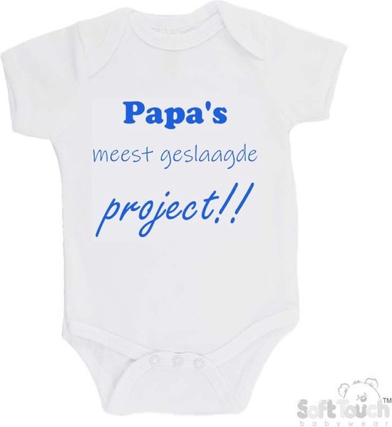Soft Touch Romper "Le projet le plus réussi de papa" Garçons Katoen Wit/bleu Taille 68