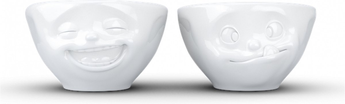 Tassen serie set van 2 porseleinen kommen met lachend en lekker gezichtje - porselein - wit - 100 ML - nr 3