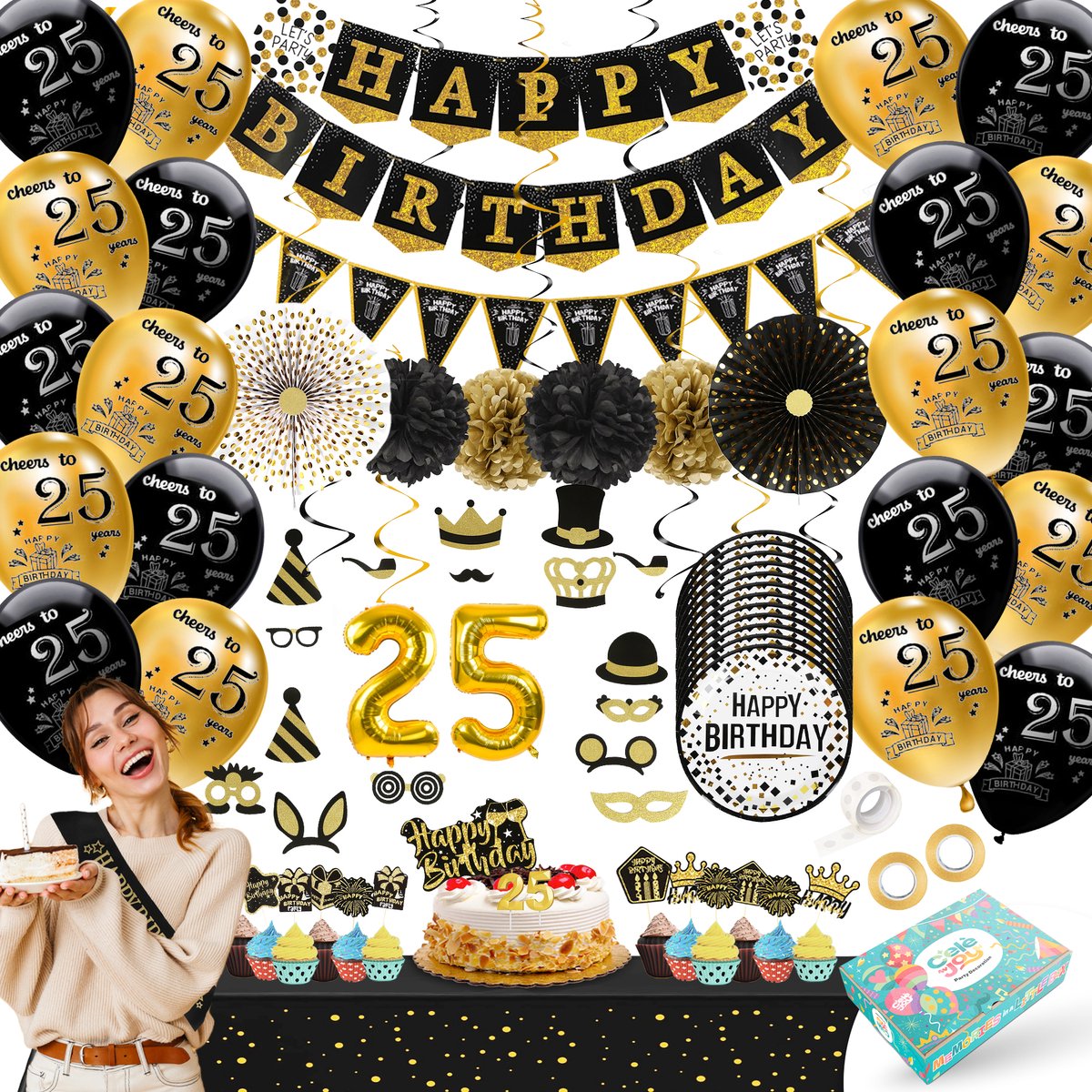 25 Jaar Verjaardag Versiering Zwart Goud - 92-Delig Feestpakket Man Vrouw - Ballonnen Slingers Taarttopper Cijferballon - Verjaardag Decoratie Set - Celejoy