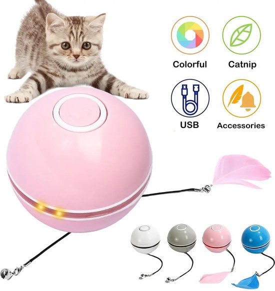 balle chat interactive auto-roulante-jouet pour chat plume-cloche-usb rechargeable-chaton-ROSE