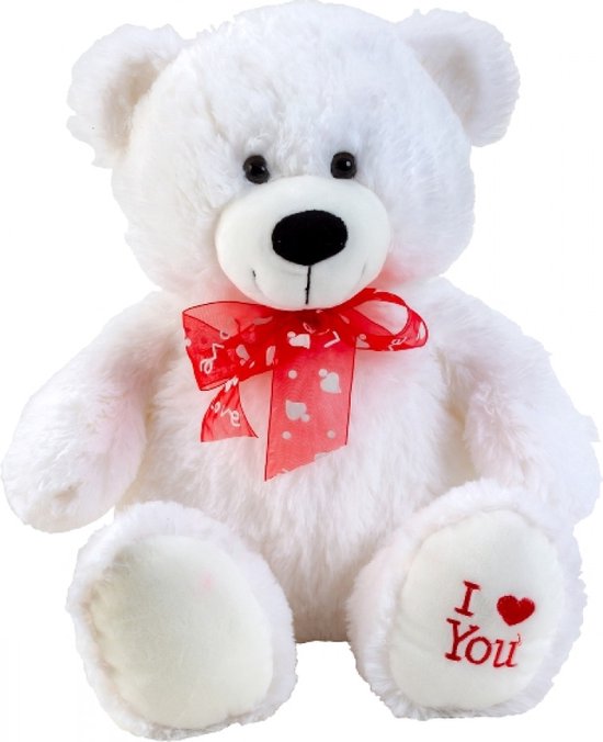 Valentijn cadeautje voor haar - Liefdes Cadeau - Romantisch - Beer Pluche Wit met rode Strik - knuffel - 50 cm - Met hartje op voet 'I Love You' - Cadeau vrouw, vriendin, moeder, oma