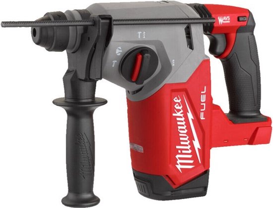 Milwaukee accu boorhamer in rood en grijs met een extra handgreep.