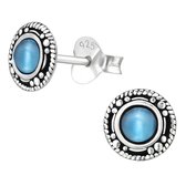 Joy|S - Zilveren Bali oorbellen - 7 mm - cat eye blauw - geoxideerd - oorknoppen