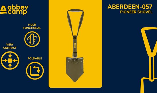 Opvouwbare pioniersschep Abbey Camp 'Aberdeen-057', legergroen, met icoontjes van multifunctioneel, zeer compact, opvouwbaar.