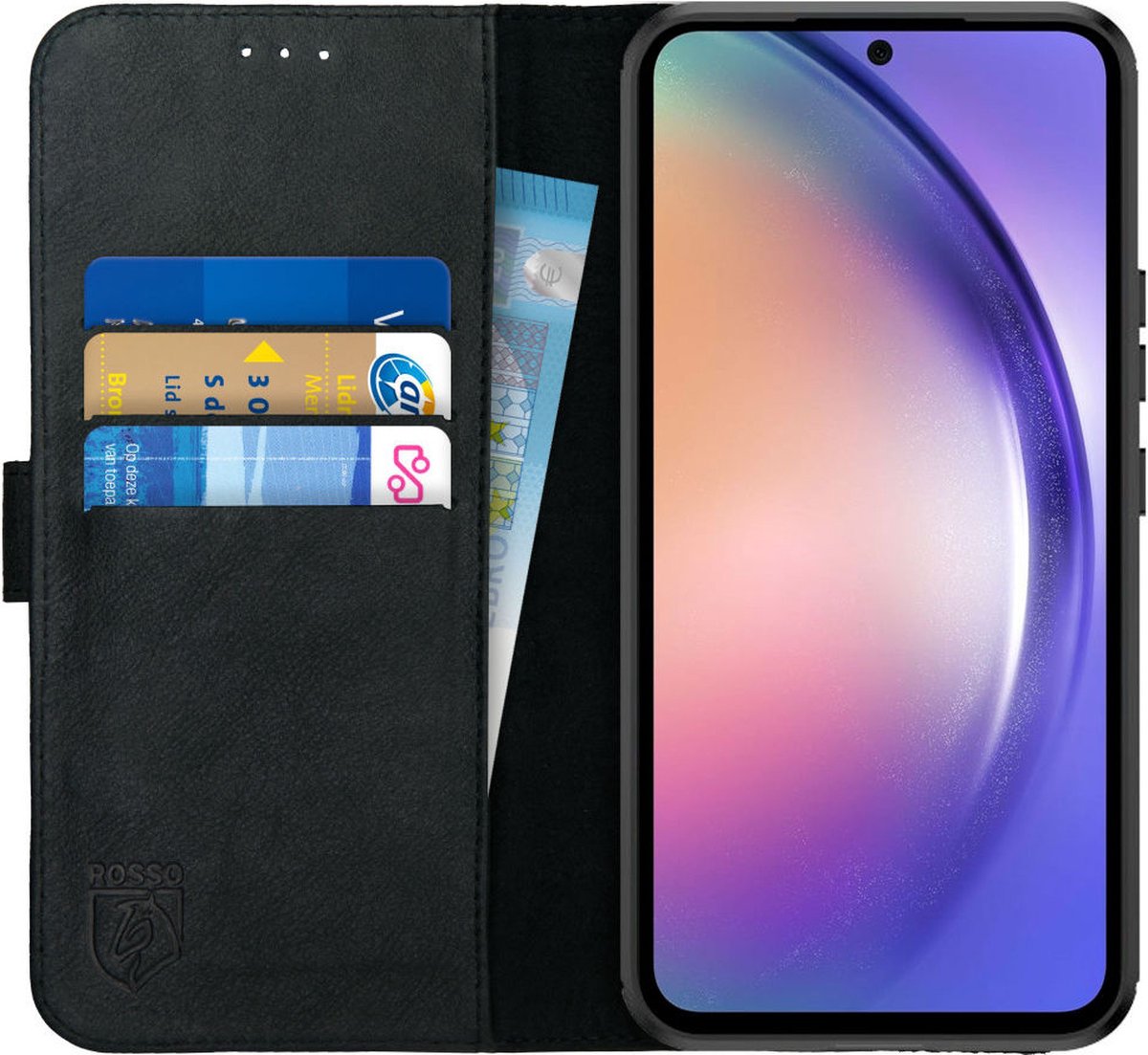 Rosso Deluxe Echt Leer Book Case Hoesje Geschikt voor Samsung Galaxy A54 | Ruimte voor drie pasjes | Portemonnee Book Case | Met Pasjeshouder | Zwart