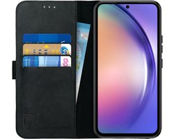Rosso Deluxe Echt Leer Book Case Hoesje Geschikt voor Samsung Galaxy A54 | Ruimte voor drie pasjes | Portemonnee Book Case | Met Pasjeshouder | Zwart