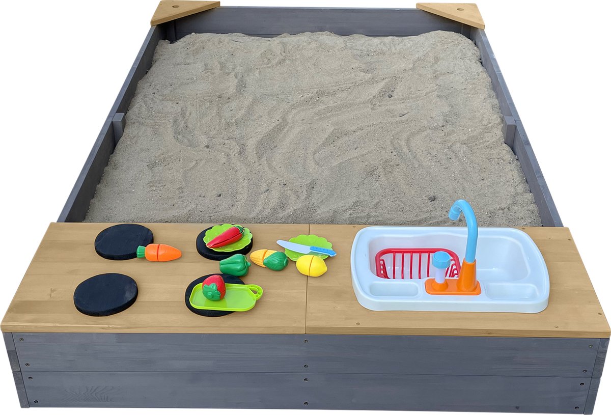 AXI Kelly Zandbak met Speelkeuken Grijs/bruin - Wastafel incl. 17-delige accessoire-set - Inclusief afdekzeil en gronddoek — afbeelding 3