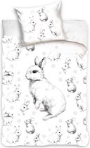 1-persoons kinder dekbedovertrek (dekbed hoes) wit met kleine schattige konijntjes / konijnen (haasjes / dier) met stippen (schets , tekening, silhouet) KATOEN eenpersoons 140 x 200 cm (lief cadeau idee jongens en meisjes!)