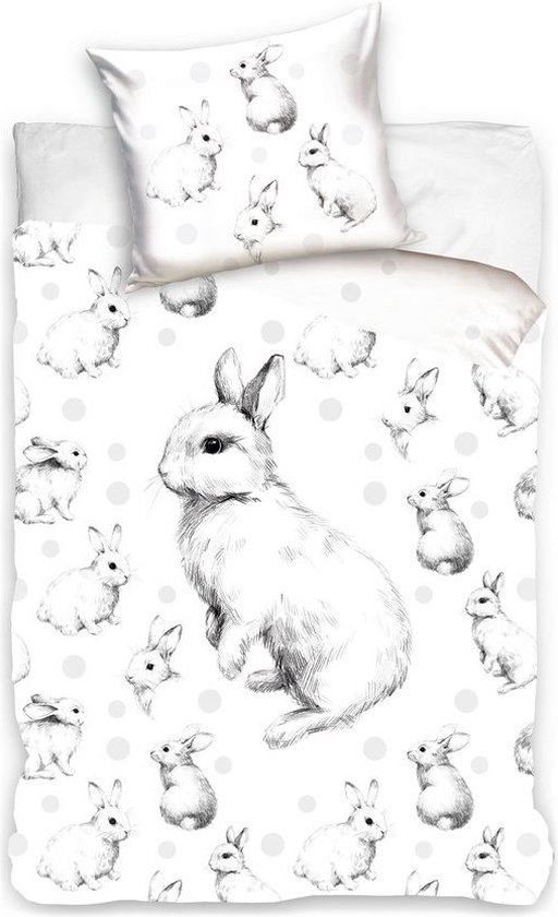 dekbedovertrek enfant 1 personne (housse de couette) blanche avec des petits lapins/lapins mignons (lièvre/animal) à pois (croquis, dessin, silhouette) COTON seul 140 x 200 cm (idée cadeau pour garçons et filles !)