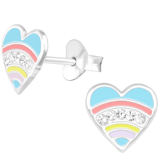 Joy|S - Zilveren hartje oorbellen - pastel regenboog - kristal - 8 mm - kinderoorbellen