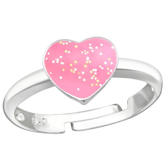 Joy|S - Zilveren hartje ring - verstelbaar - roze met glitters - voor kinderen