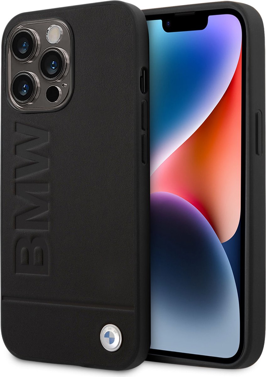 Backcase hoesje geschikt voor iPhone 14 Pro - BMW - Effen Zwart - Leer