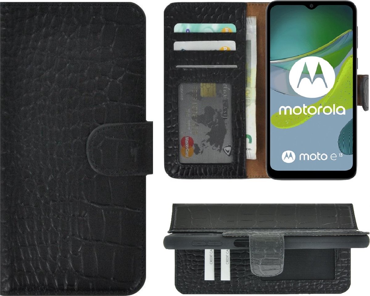 MoDo hoesje Geschikt voor Motorola Moto E13 - Echt Leer Book Case - Croco Zwart
