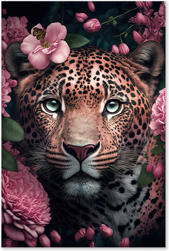 Graphic Message - Schilderij op Canvas - Panter met roze bloemen - Luipaard