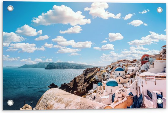 WallClassics - Tuinposter – Klassiek Witte Huisjes in Santorini - 60x40 cm Foto op Tuinposter (wanddecoratie voor buiten en binnen)