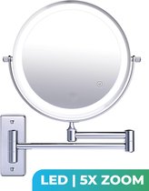 Make Up Spiegel met Led Verlichting - 5X Vergroting - Wandspiegel Rond - Scheerspiegel Wandmodel - Badkamer - Douche - Chroom
