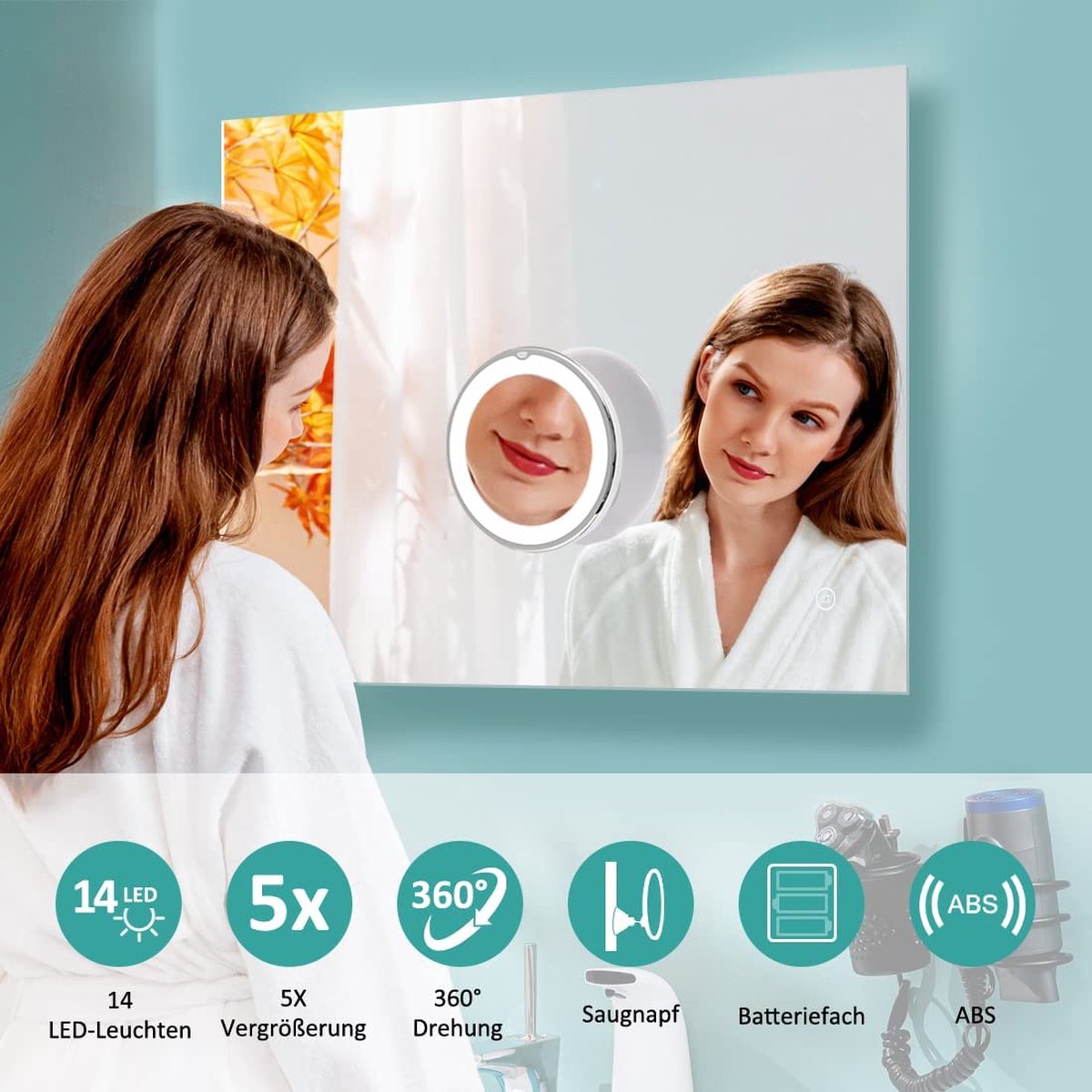 EMKE Miroir De Table LED Grossissant 5X - Miroir Maquillage Pivotant 360° Avec Ventouse Puissante