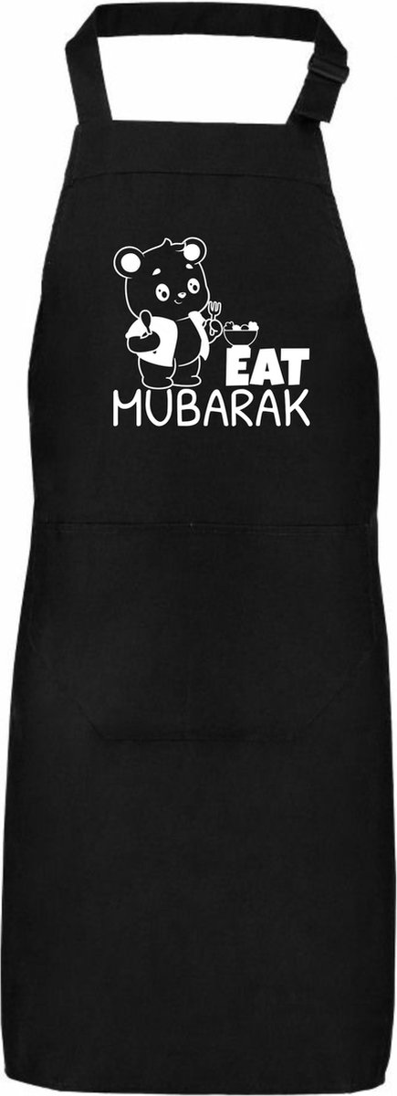 Eat mubarak keukenschort - Zwart - One Size (volwassenen) - Keuken schort - Barbeque BBQ schort - Grappige teksten - Voor zowel mannen als vrouwen - Verstelbaar - Wasbaar - Eid cadeau