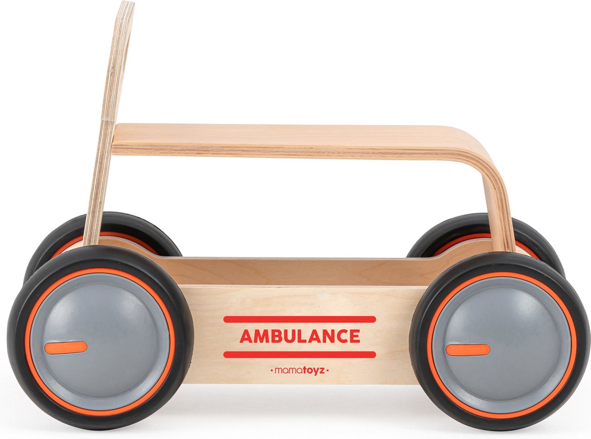 Mamatoyz Eco Looptrainer Loopauto Hout Naturel Logo Ambulance met