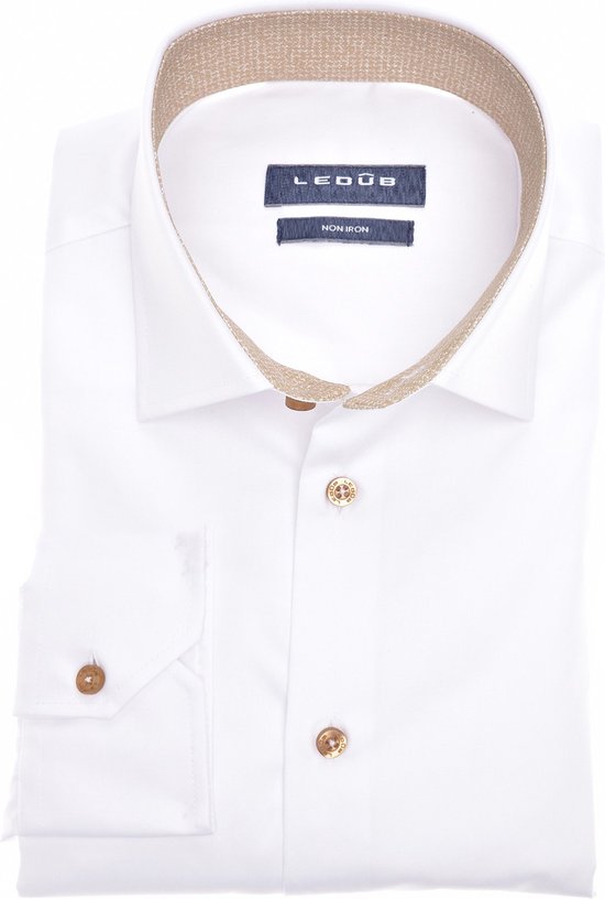 Ledub modern fit overhemd - mouwlengte 7 - wit - Strijkvriendelijk - Boordmaat: 40
