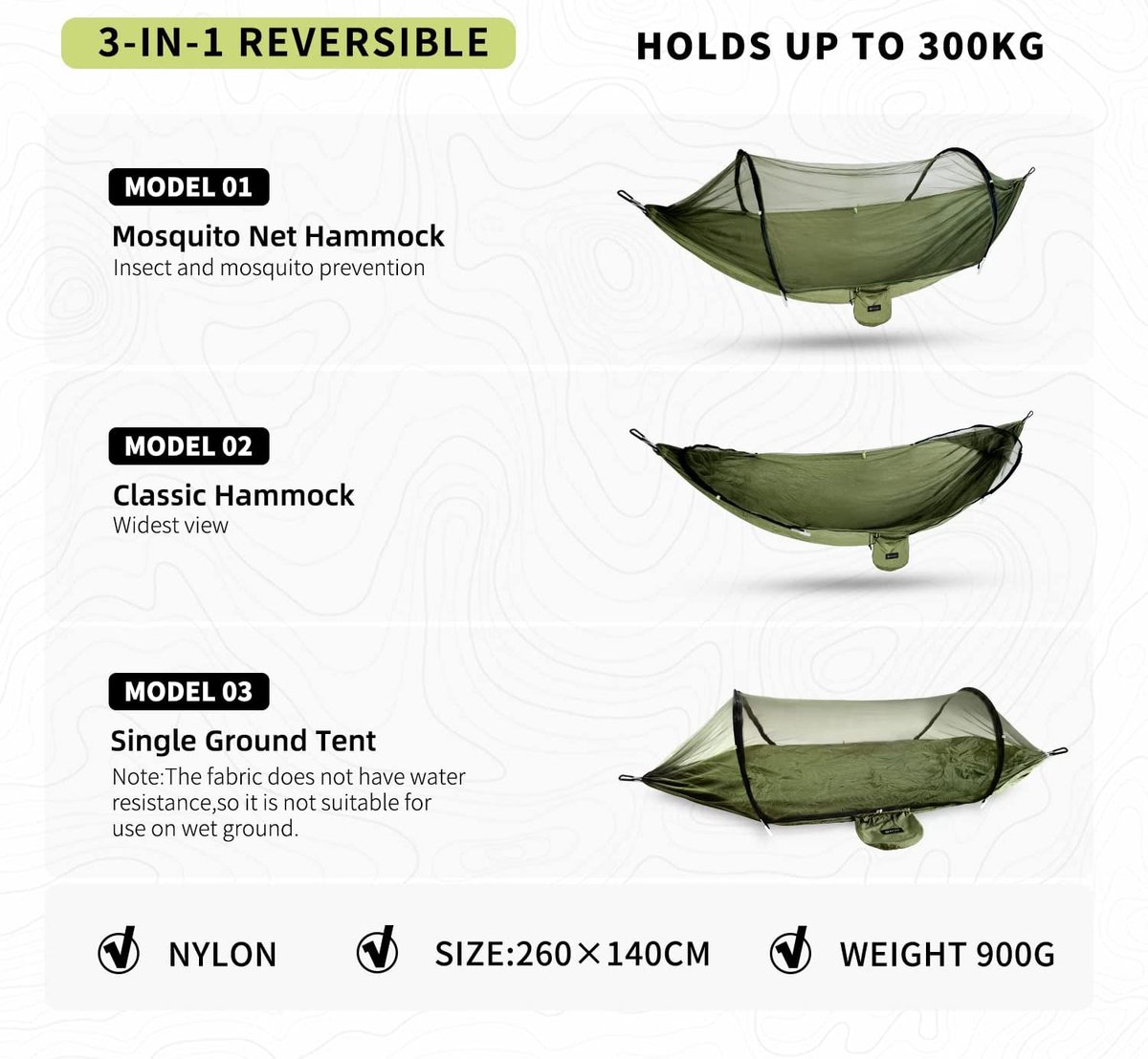 Hamac Voyage Nylon Hamac Avec Moustiquaire BTRWOR - Nylon 300kg - 260x140cm - Parfait Camping, Randonnée - Olive Hamac Arbre Extérieur