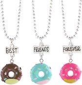 Bixorp Friends BFF Ketting voor 3 met Donuts - Bruin, Blauw, Roze & Zilverkleurig - Vriendschapsketting