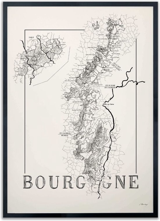 Poster wijnkaart - Bourgogne - zwart wit - 50 x 70 cm
