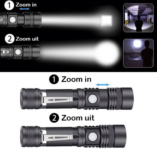 Qtronic Zaklamp LED oplaadbaar met zoomfunctie - 2-pack - Militaire zaklamp - Waterdicht - USB oplaadbaar (inclusief Oplaadkabel & Batterijen). - Qtronic