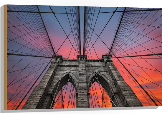 Hout - Uitzicht vanaf Brooklyn Bridge, New York City - 90x60 cm - 9 mm dik - Foto op Hout (Met Ophangsysteem)