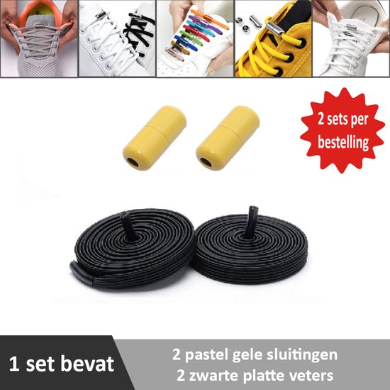 2 paar zwarte platte elastische veters met pastel gele sluitingen. Je hoeft voortaan nooit meer je veters te strikken