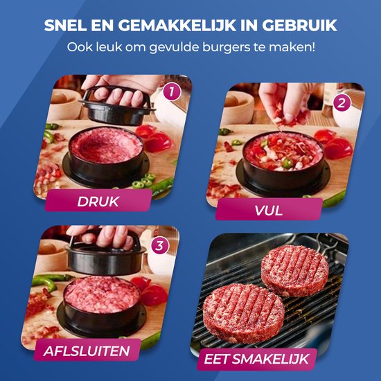 Vier stappen voor het maken van een hamburger, inclusief de pers, vulling en grillen.