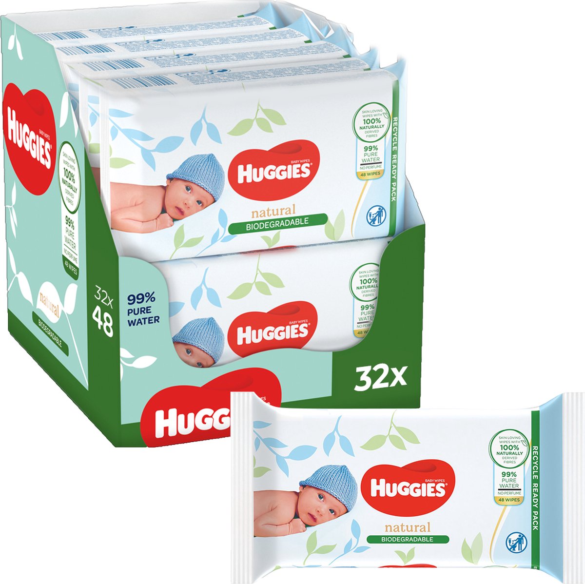 Goedkoopste Huggies Natural Care Babydoekjes - biologisch afbreekbaar billendoekjes- Natural Biodegradable - 32 x 48 stuks - 1536 doekjes
