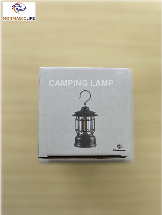 Boîte de la 'LAMPE DE CAMPING L-27' avec une image de la lanterne noire.