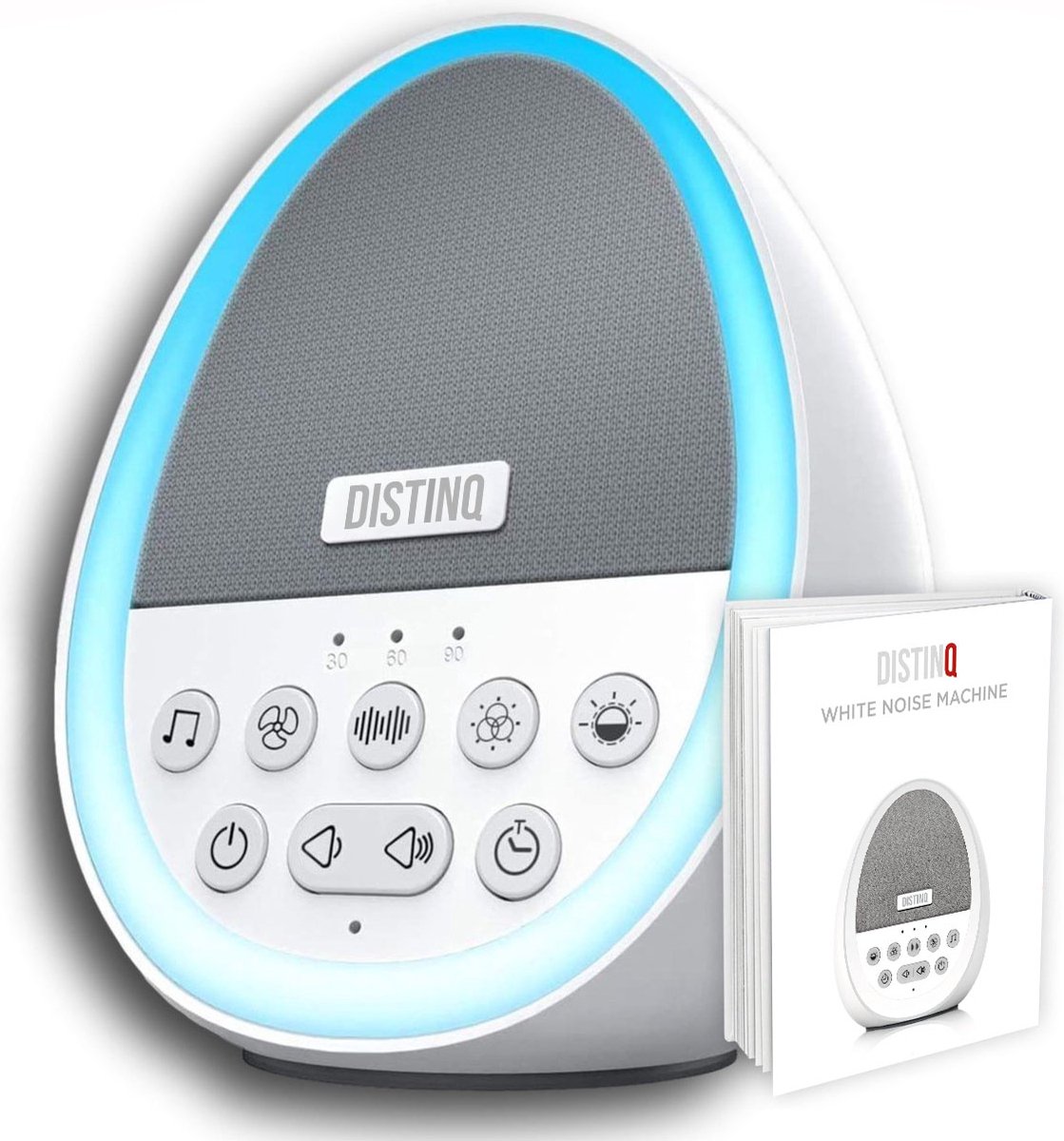 DistinQ White Noise Machine - Witte Ruis Slaaptrainer voor Baby - Slaaphulp met 8 verschillende kleuren LED verlichting en 29 rustgevende geluiden - DistinQ