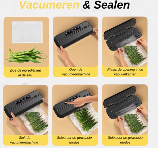 Stapsgewijze instructies voor het vacuumeren en sealen met een donkergrijze vacumeermachine.