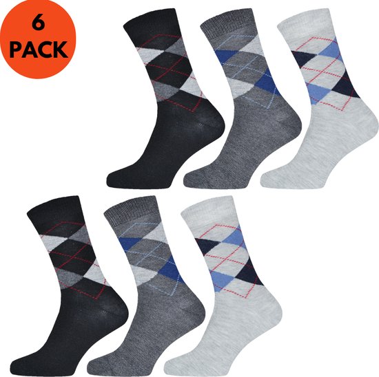 Sokken Heren | Katoen | 6 paar | Ruit Print | Blauw Grijs Zwart | Maat 39-42 | Heren Sokken | Lange Sokken